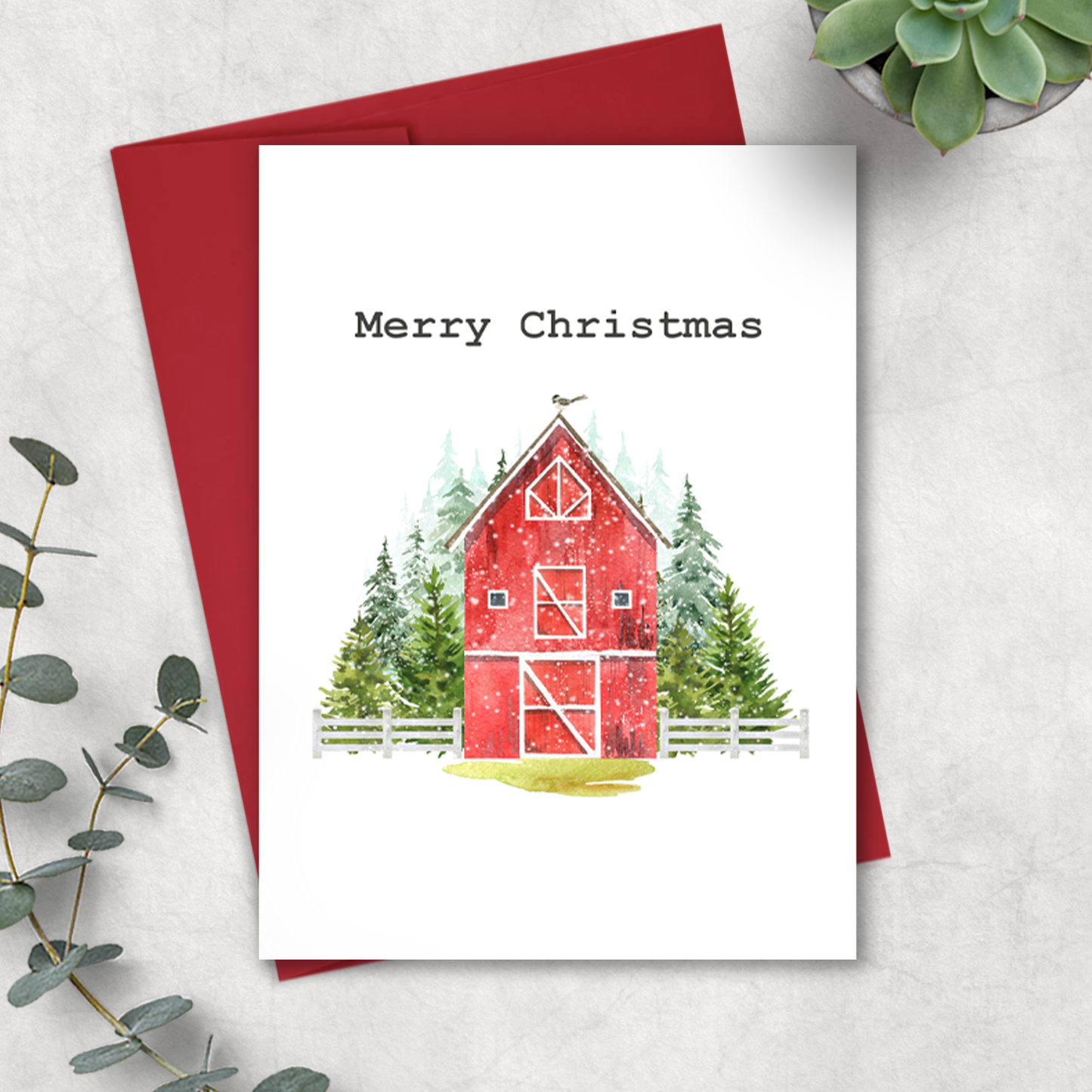 SALE Christmas Barn Card, Red Envelope
