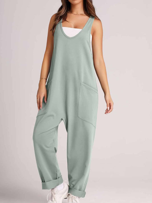 Pocket Sleeveless Knit Jumpsuit Pants: Green / S