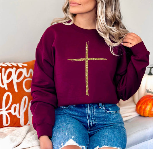 Fall Gold Cross Maroon Cozy Faith Graphic Tee Sweatshirt : M