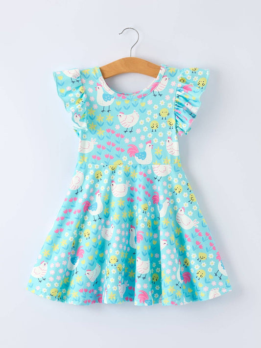 Aqua Spring Chicken Floral Farm Print Girls Dress: 6