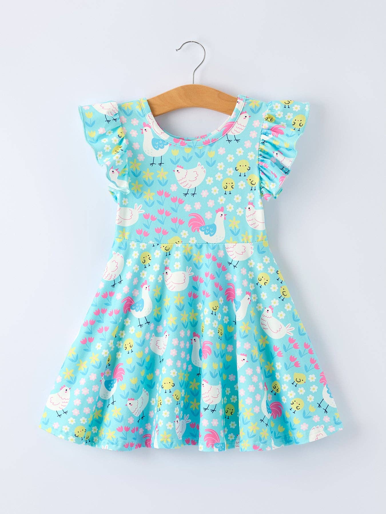 Aqua Spring Chicken Floral Farm Print Girls Dress: 7