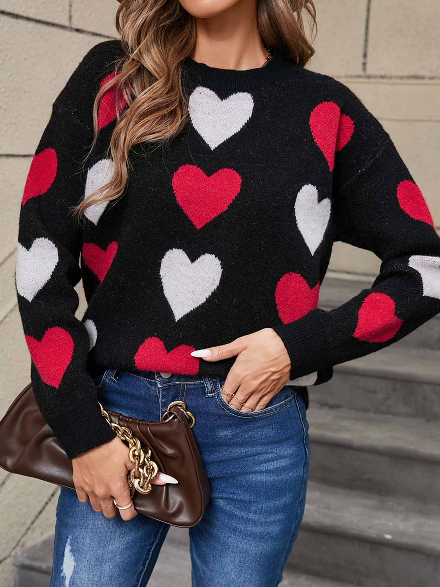 Round Neck Heart-shaped Pullover Sweater: Pink / XL