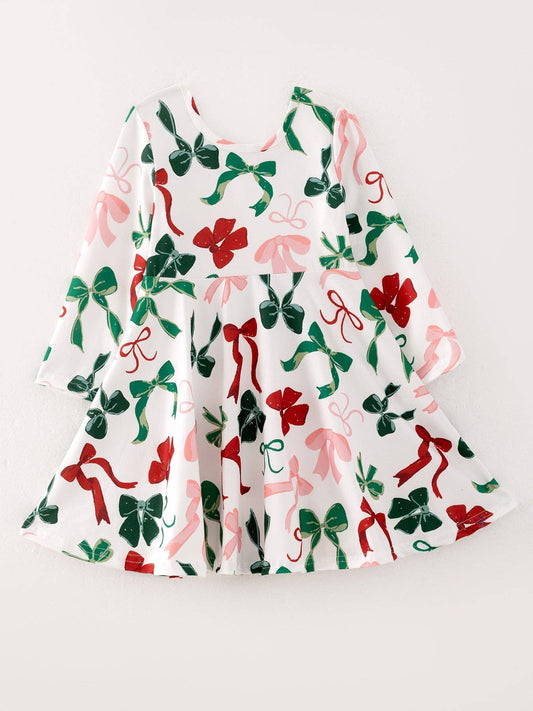 Girls Christmas Bow Print Dress: 3