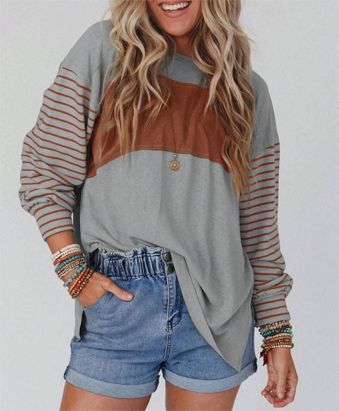 Colorblocked fall sloucy striped long-sleeved sweatshirts: Green / S