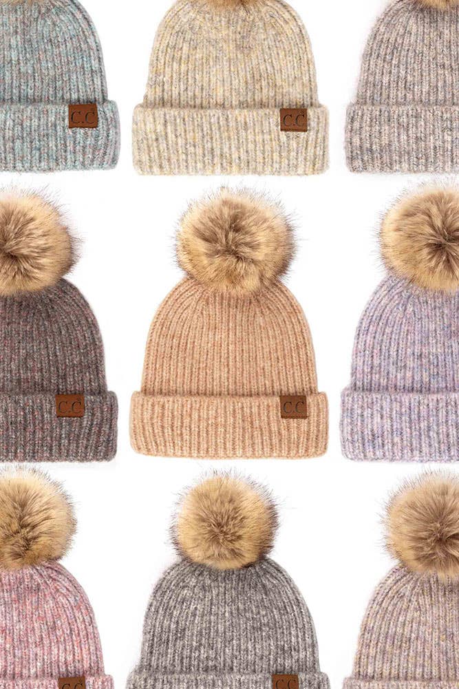 C.C Classic Rib Beanie with Faux Fur Pom Winter Hat: Iris