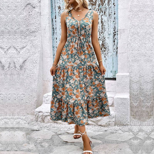 V-neck printed high waist waist long swing dress: BLUE / (M) 1