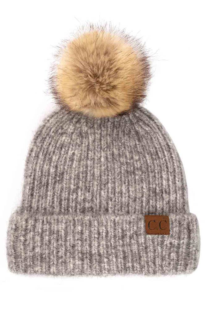 C.C Classic Rib Beanie with Faux Fur Pom Winter Hat: Iris