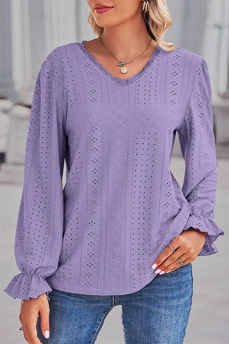 WOMEN LACE TRIM NECK EYELET LONG SLEEVE SHIRT TOP_CWTSTL0301: MAUVE / (L) 1
