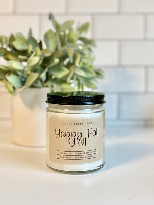 Happy Fall Y'all 7 oz Clear Glass Jar Coco Apricot Candle