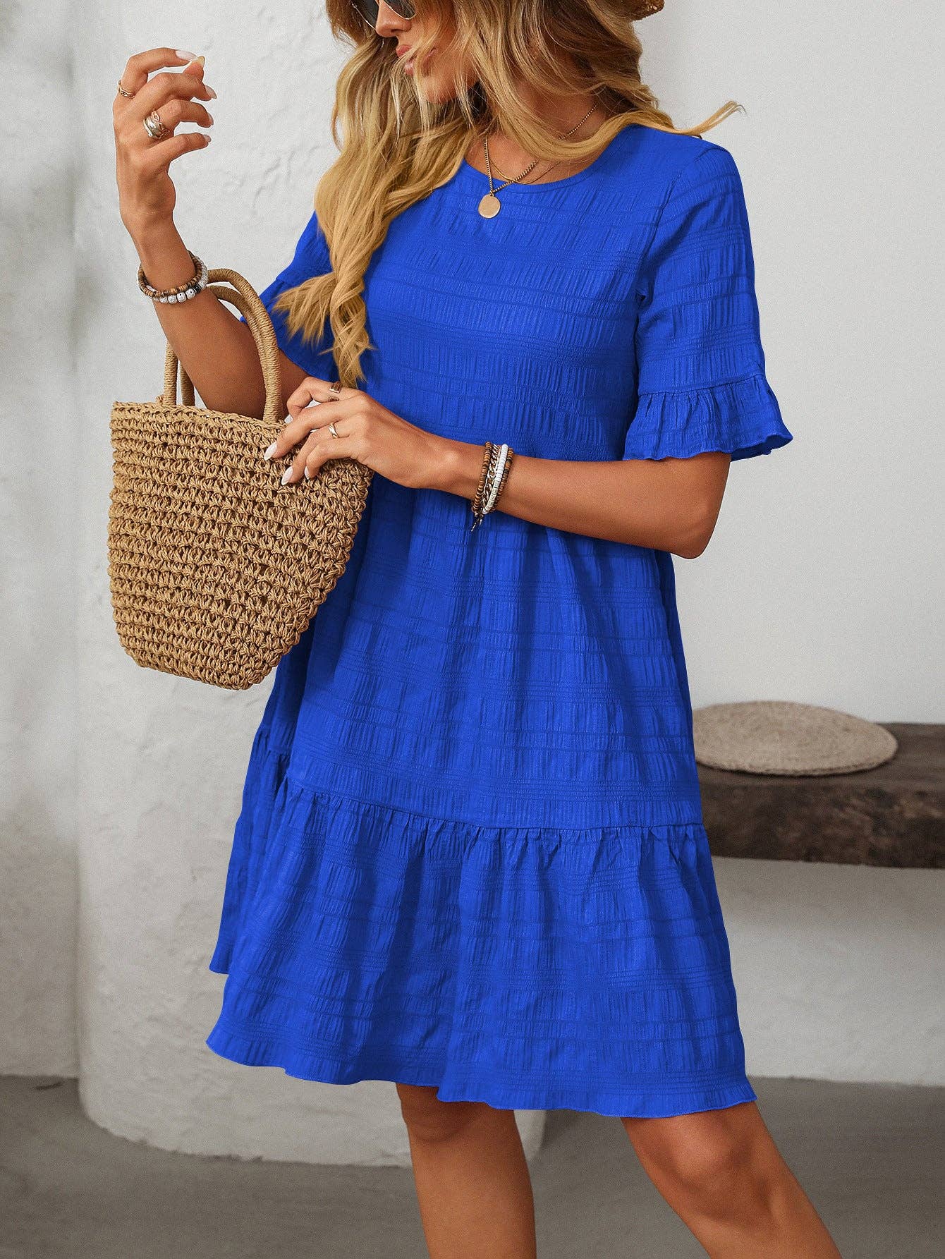 Women Ruffle Sleeve A Line Tiered Flowy Casual Trendy Mini Dress: Bean paste powder / 100% Polyester / XL