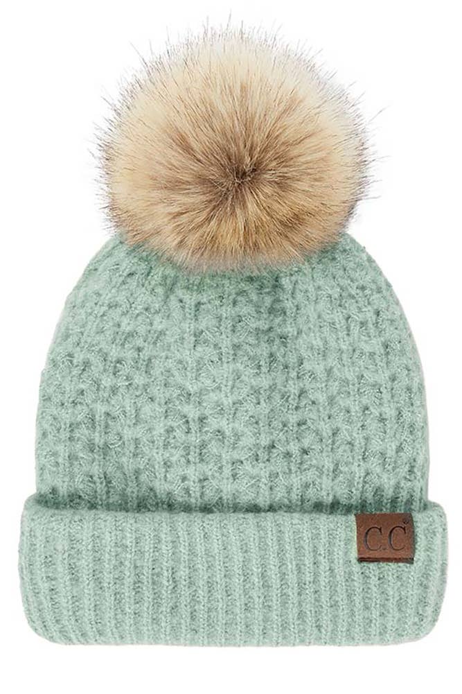 C.C Smocking Stitch Pattern Cuff Beanie with Pom Winter Hat: Beige