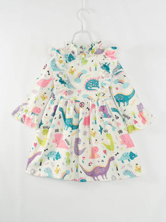 Multicolor Dinosaurs Ruffle Girl Twirl Dress: 3Y