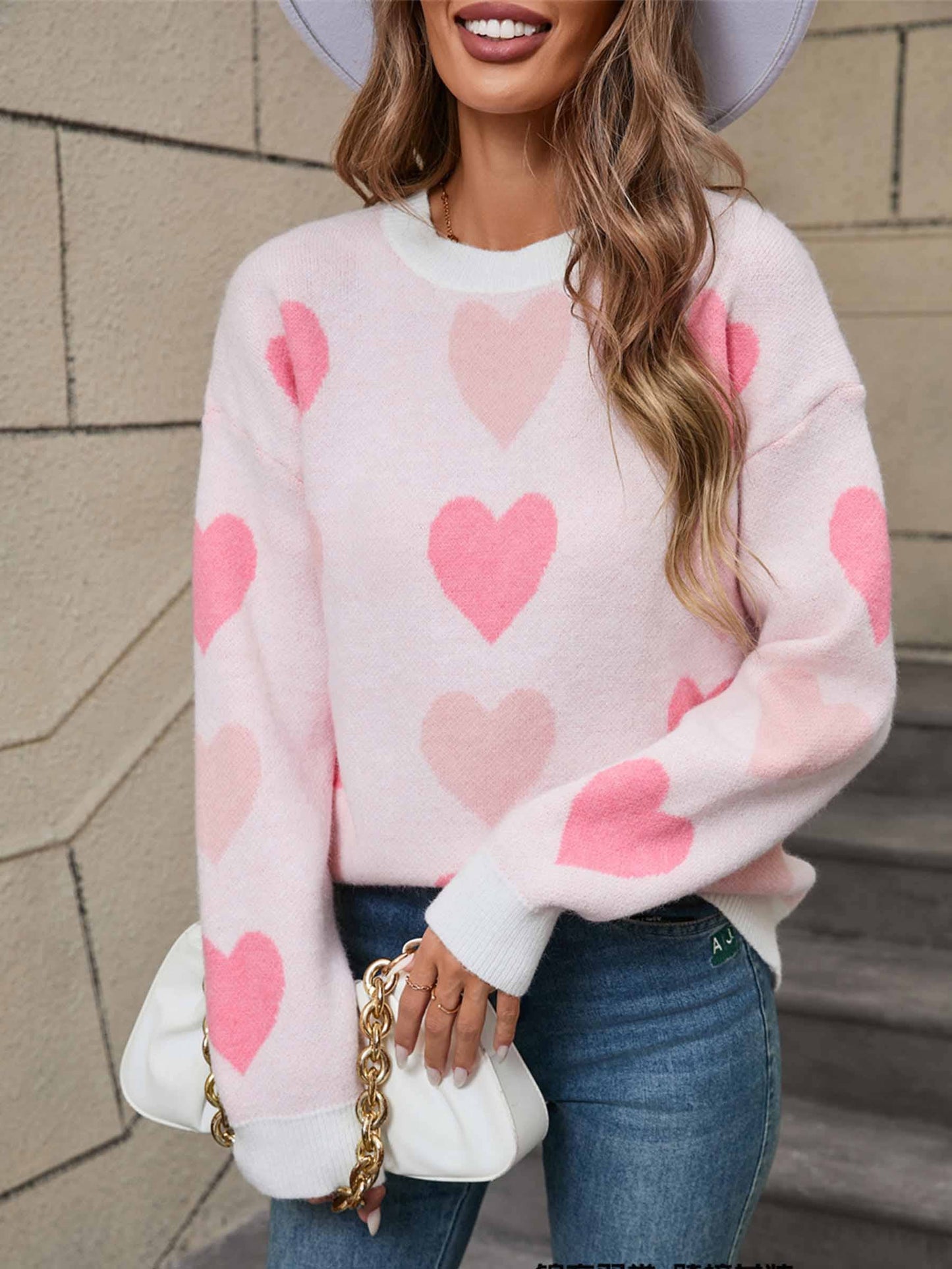 Round Neck Heart-shaped Pullover Sweater: Pink / L