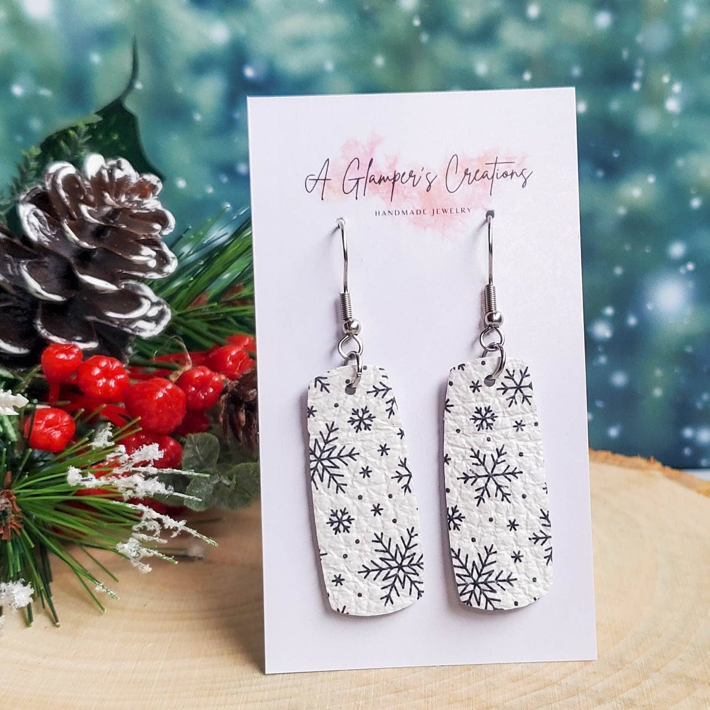 Snowflake Mini Bar Leather Earrings