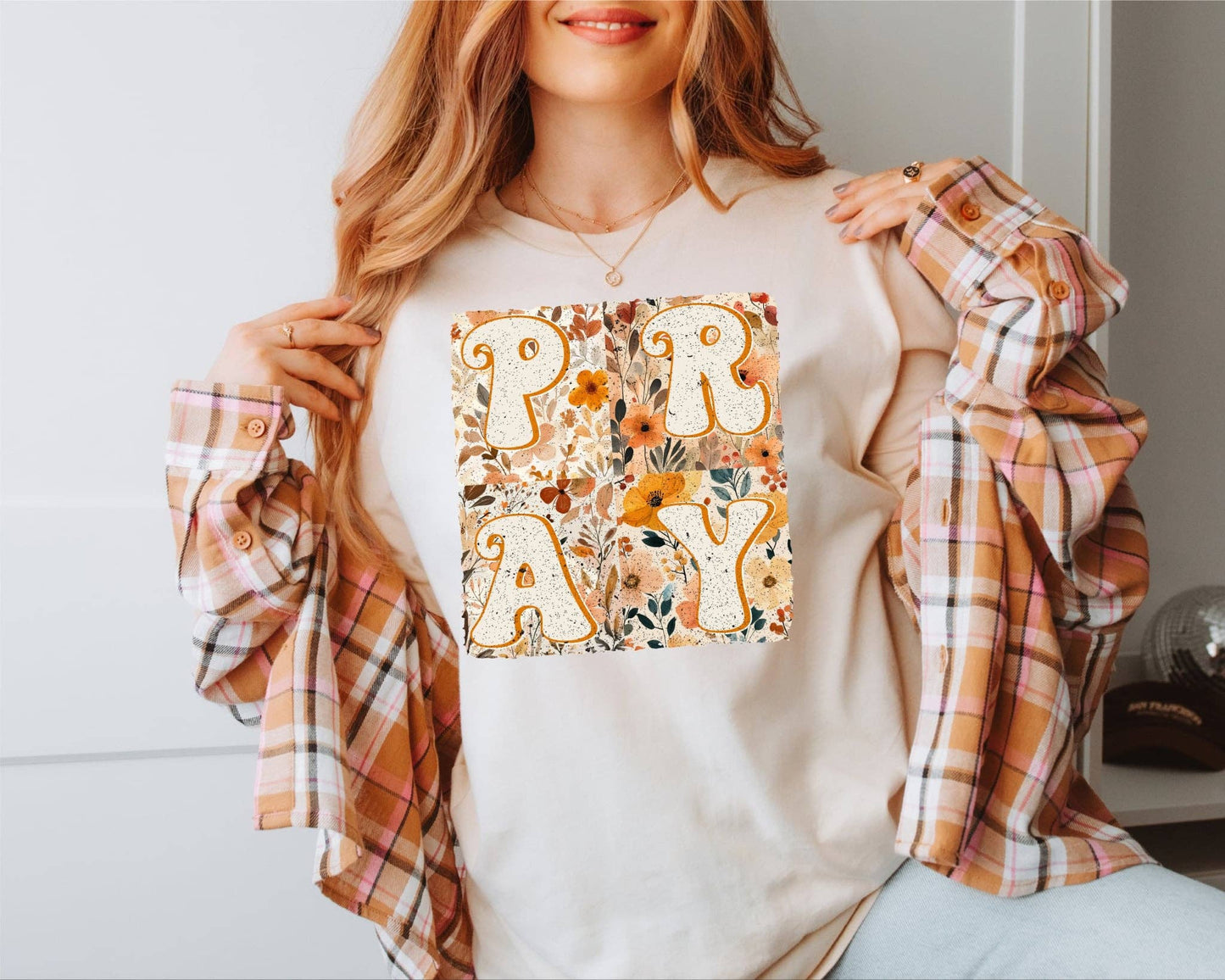 NEW PRAY BOHO CREAM FAITH CREAM GRAPHIC SWEATSHIRT TEE : L
