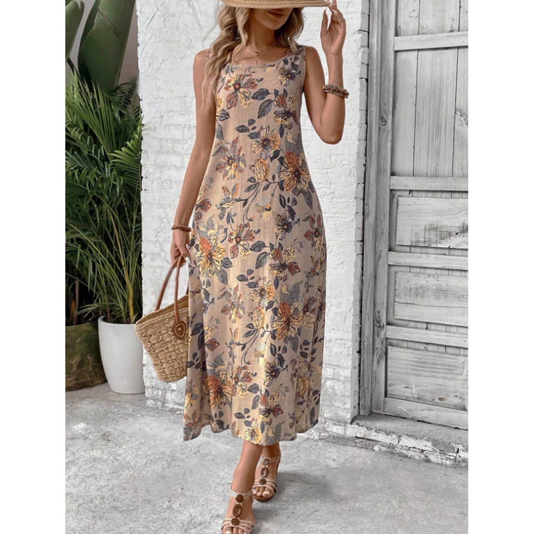 Summer Sleeveless Floral Print Round Neck Dress ZK2695: Multi / L