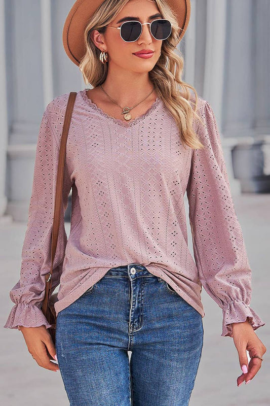 WOMEN LACE TRIM NECK EYELET LONG SLEEVE SHIRT TOP_CWTSTL0301: MAUVE / (XL) 1
