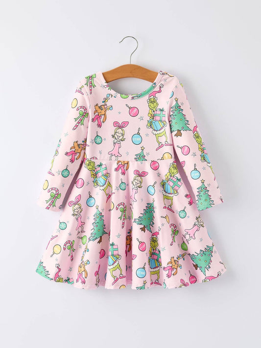 Pink Christmas Character Print Long Sleeve Girls Dress: 7
