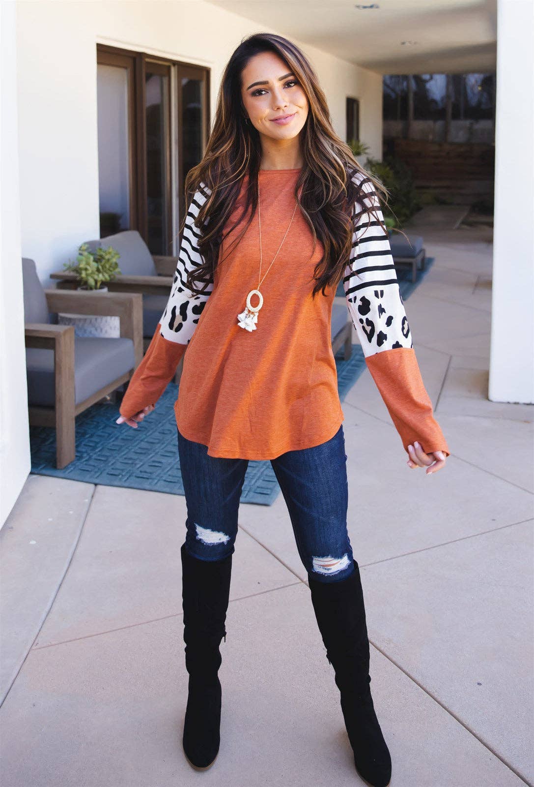Stripe Animal Print Nancy Top: Orange / X-Large
