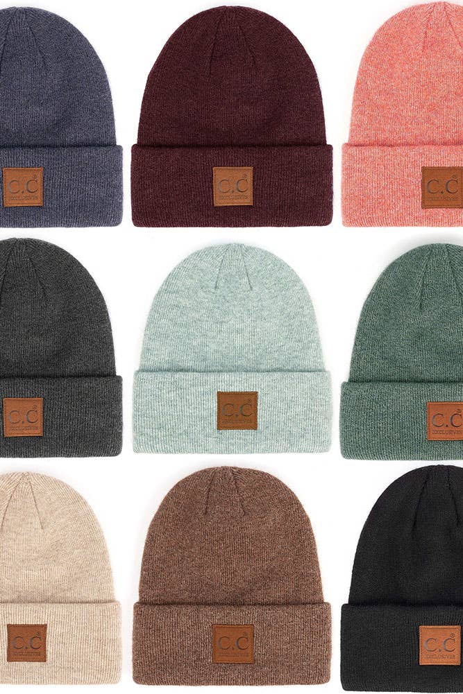 C.C Heather Knit Suede Patch Beanie Winter Hat: Forest