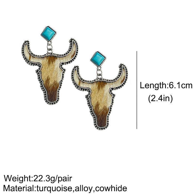 Western Style Cowhide Cowhead Shape Stud Earrings - WJ: 1