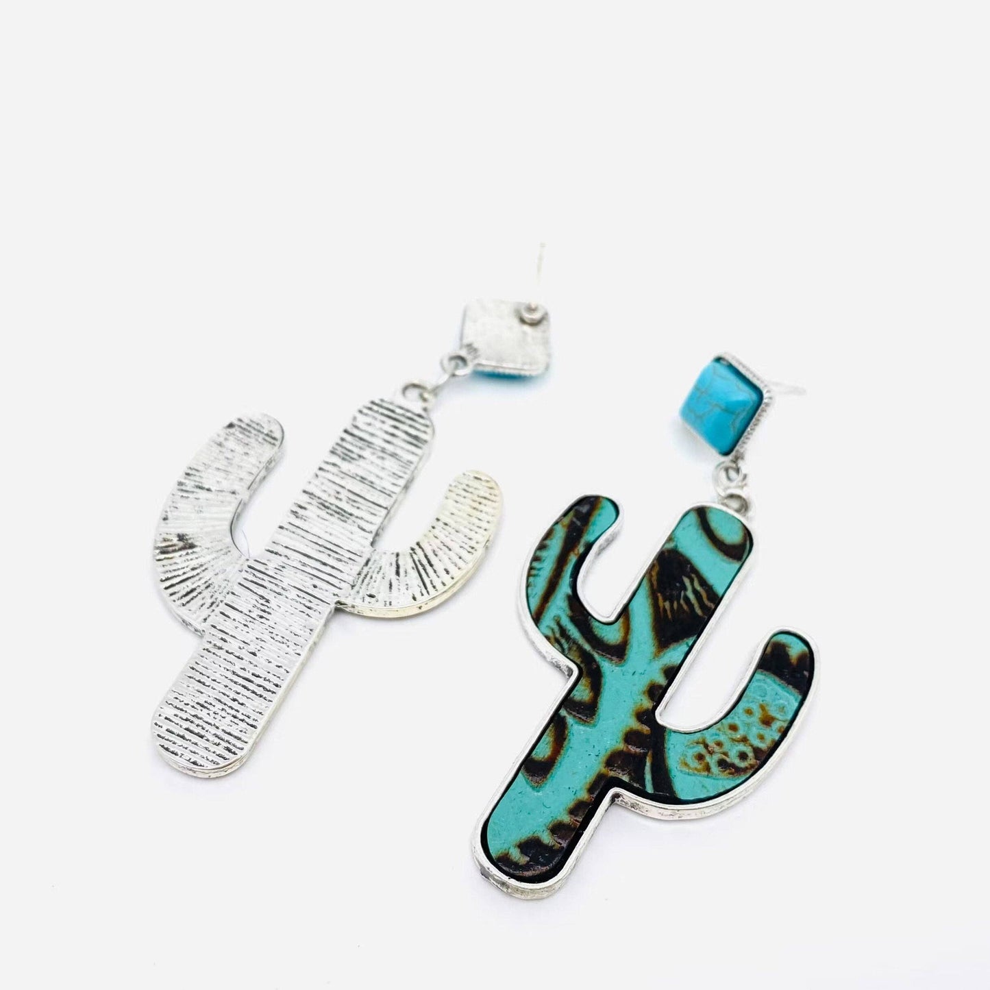 Cactus Embossed Cowhide Turquoise Western Style Earrings -WJ: 1