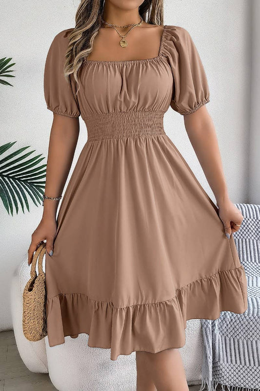CWDSD4632_SQUARE NECK SHORT SLEEVE WAIST PEPLUM DRESS: KHAKI / (L) 1