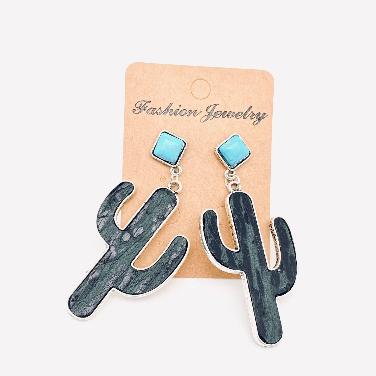 Cactus Embossed Cowhide Turquoise Western Style Earrings -WJ: 1