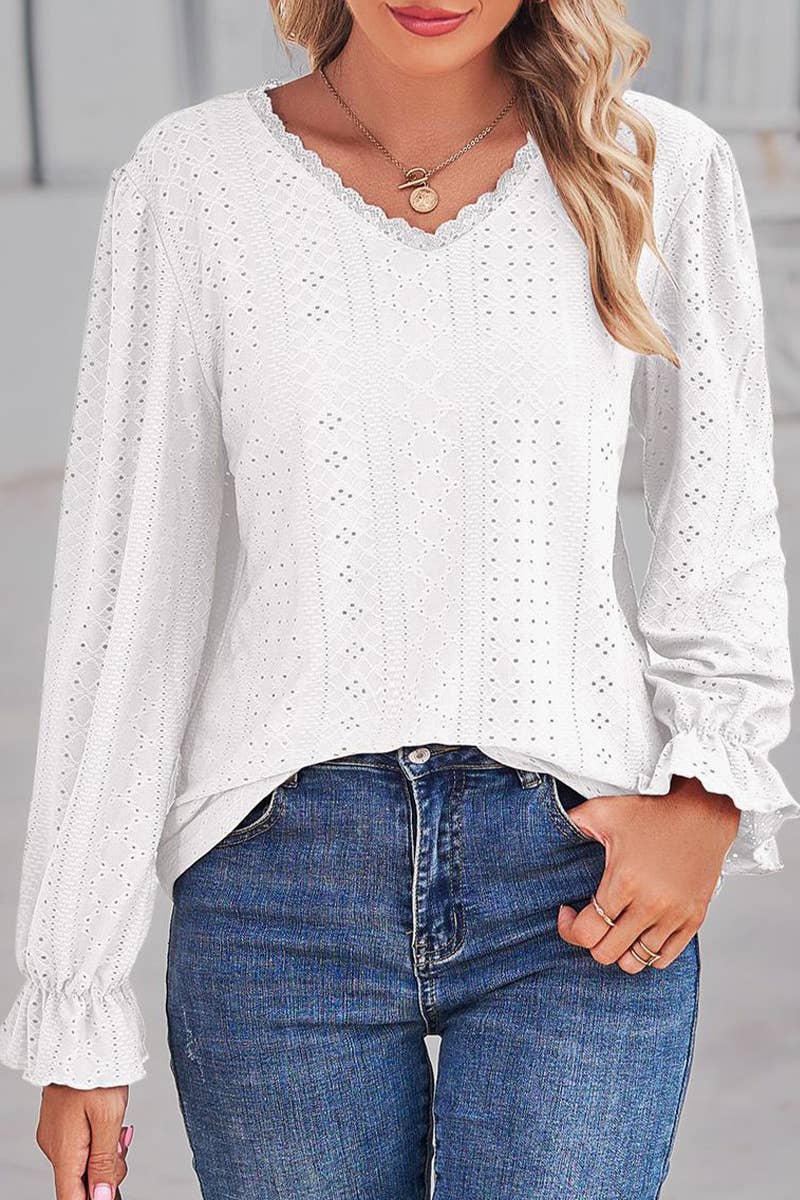 WOMEN LACE TRIM NECK EYELET LONG SLEEVE SHIRT TOP_CWTSTL0301: MAUVE / (L) 1