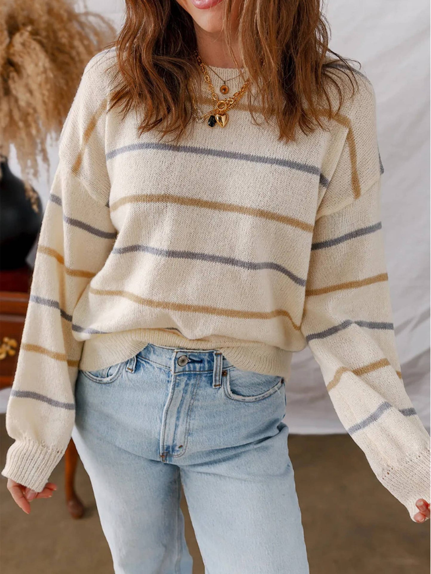 Colorful Striped Pullover Long Sleeved Sweater: Beige / L