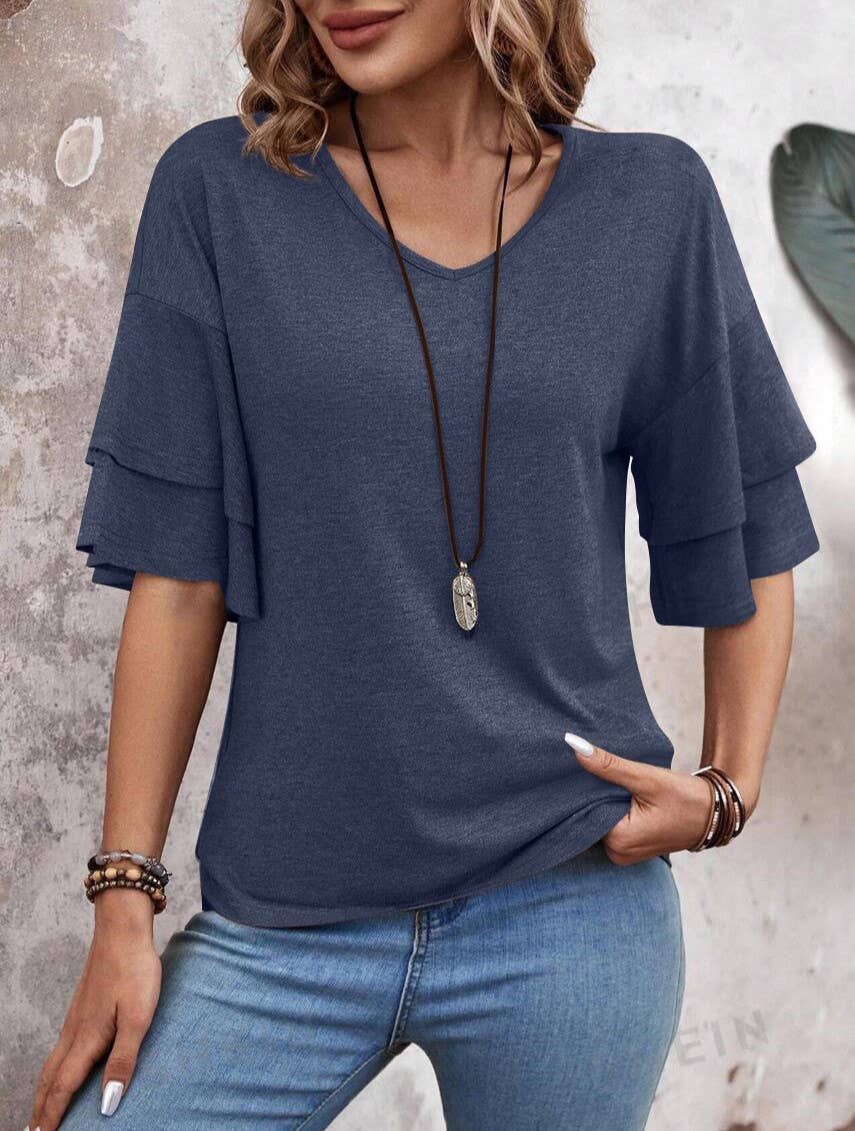 Summer V-Neck Ruffle Sleeve Loose Short-Sleeved T-Shirt: Camel / 2XL