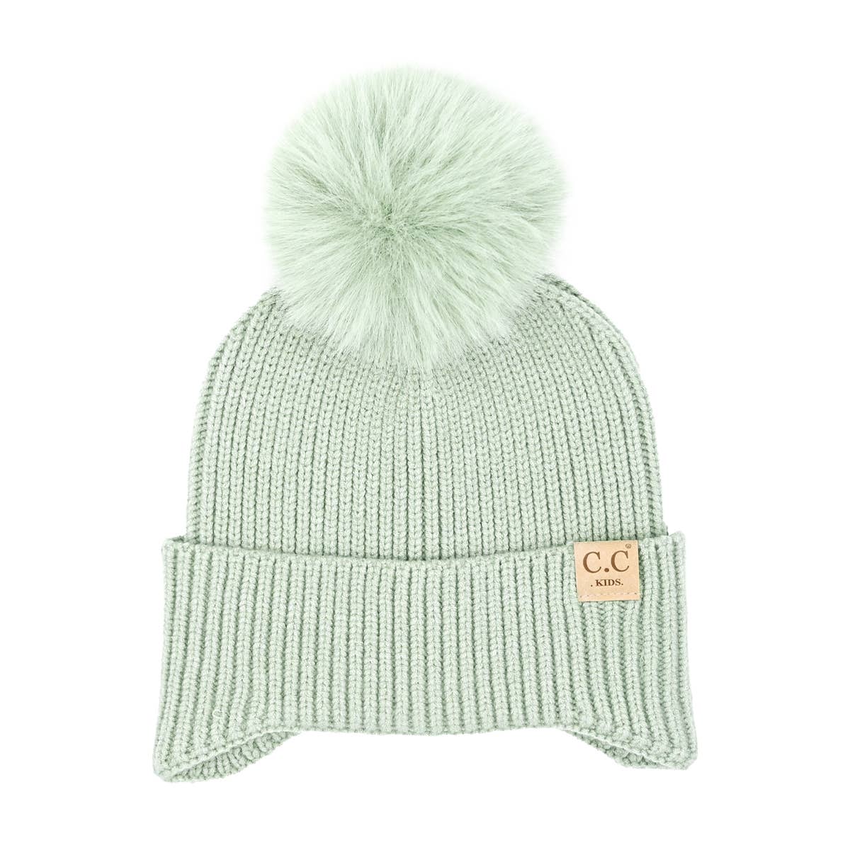 KIDS C.C Double Pom Beanie with Ear Flaps: NEW-Sage