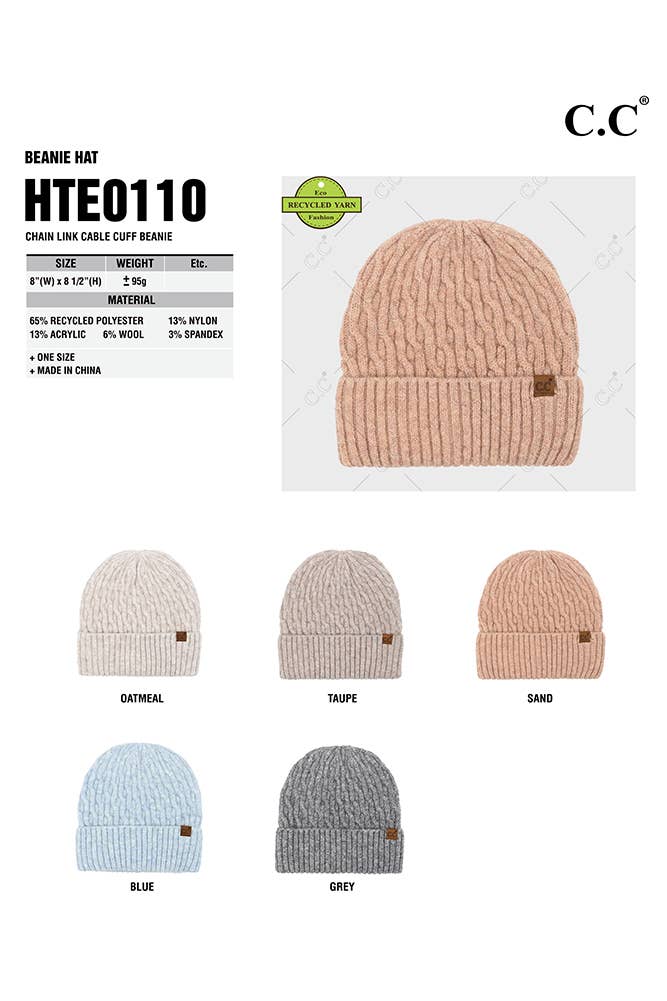C.C Chain Link Cable Cuff Beanie: Blue