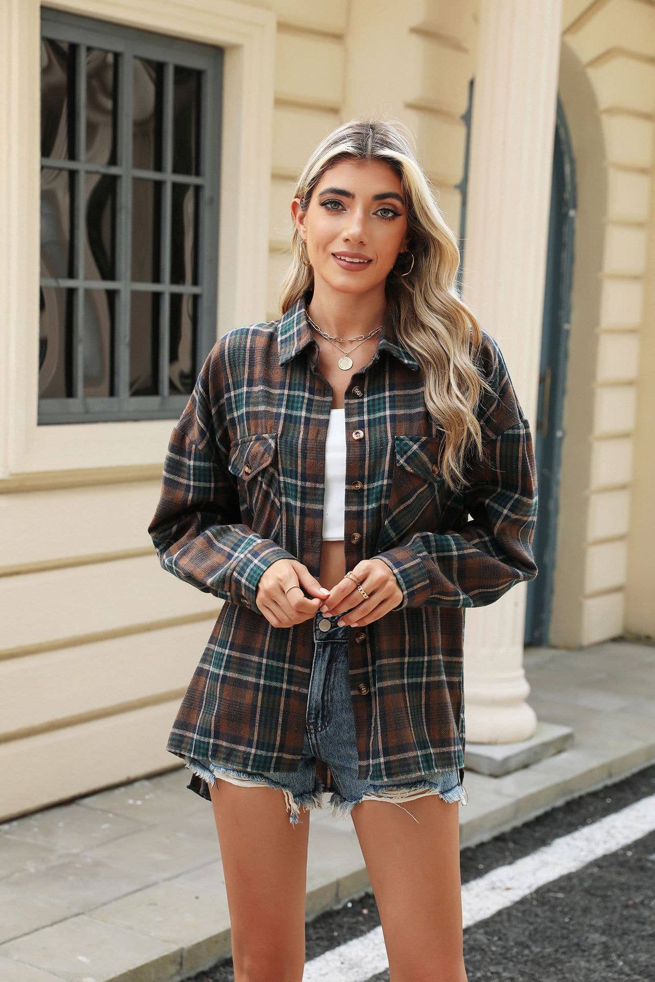 LONG-SLEEVED PLAID SHIRT WITH LAPEL POCKET: COFFEE / (L) 1