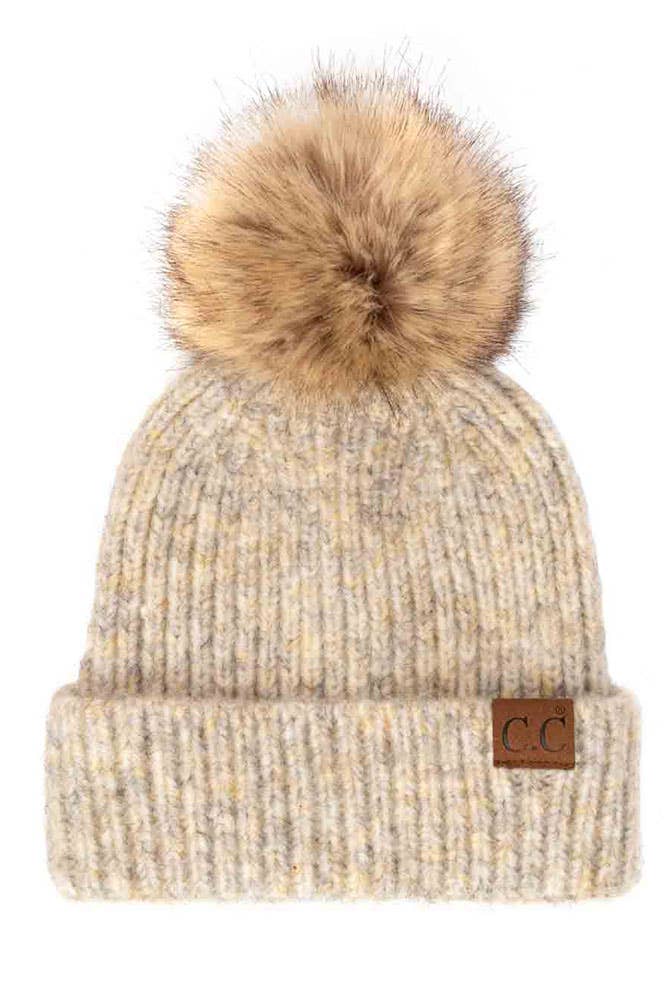 C.C Classic Rib Beanie with Faux Fur Pom Winter Hat: Iris