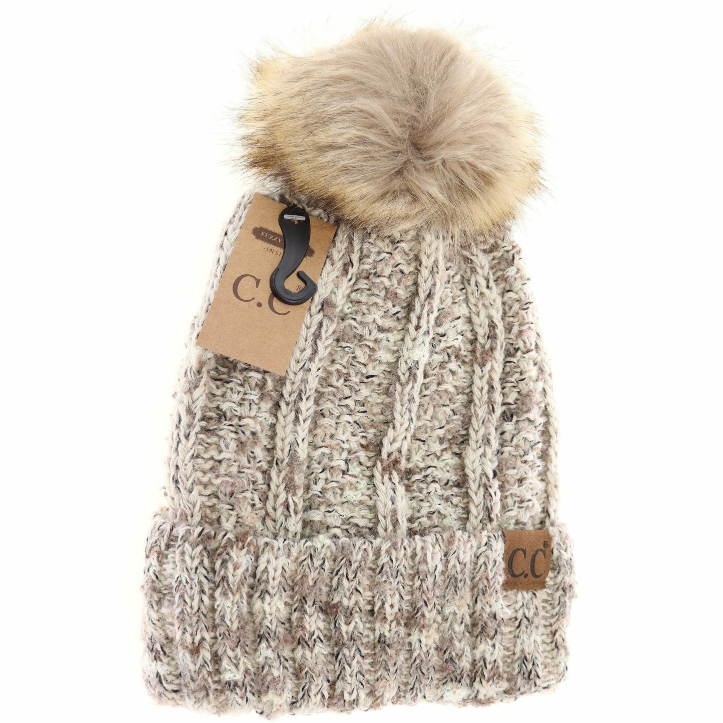 Fuzzy Lined Popcorn Confetti Fur Pom CC Beanie YJ824: Beige Multi
