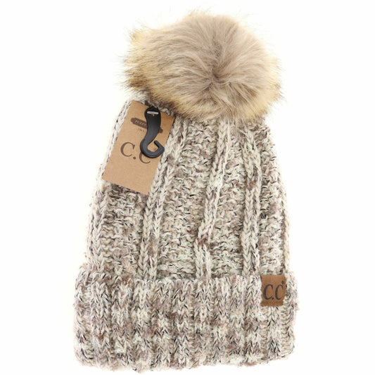 Fuzzy Lined Popcorn Confetti Fur Pom CC Beanie YJ824: Beige Multi