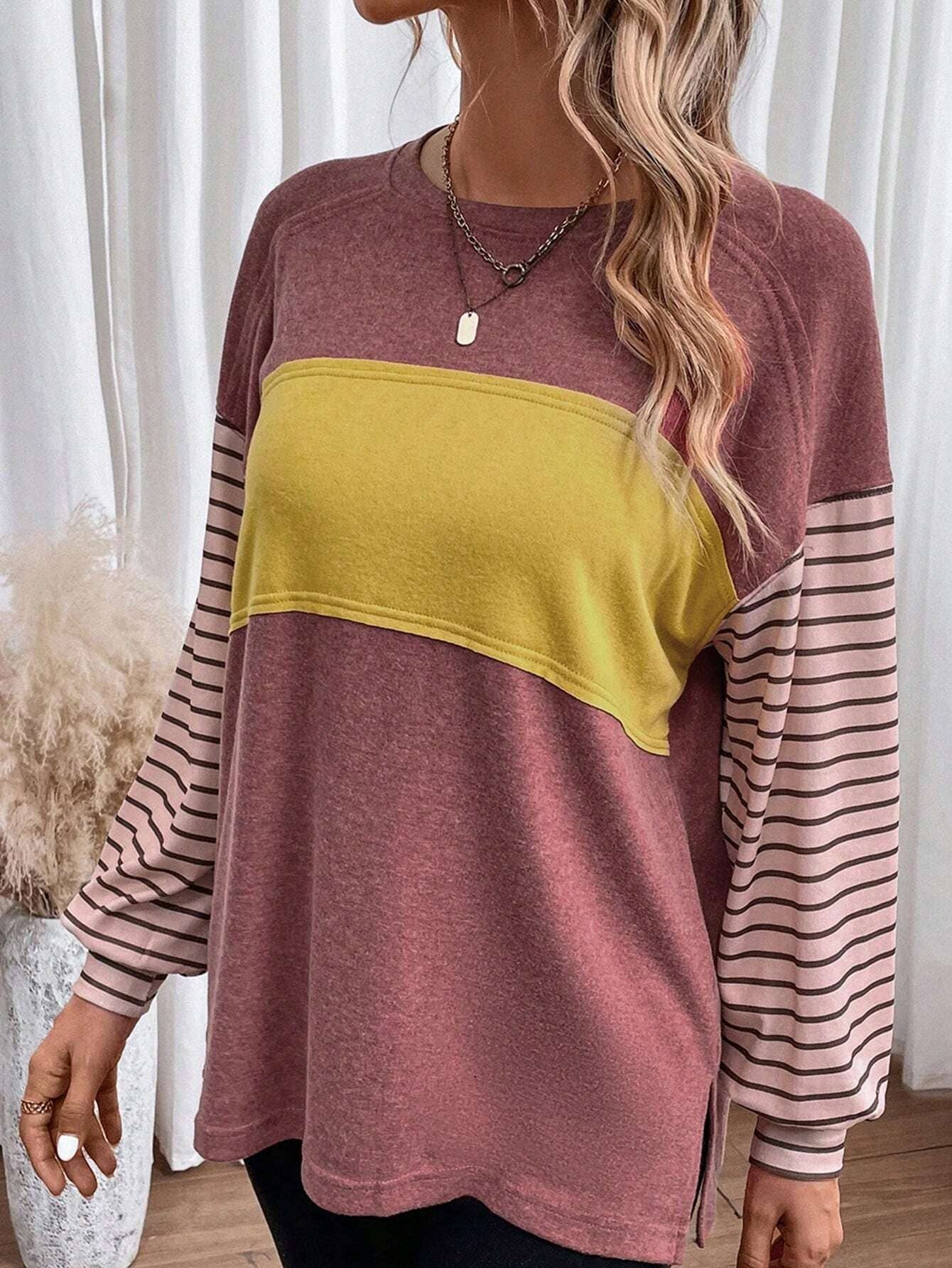 Colorblocked fall sloucy striped long-sleeved sweatshirts: Green / M