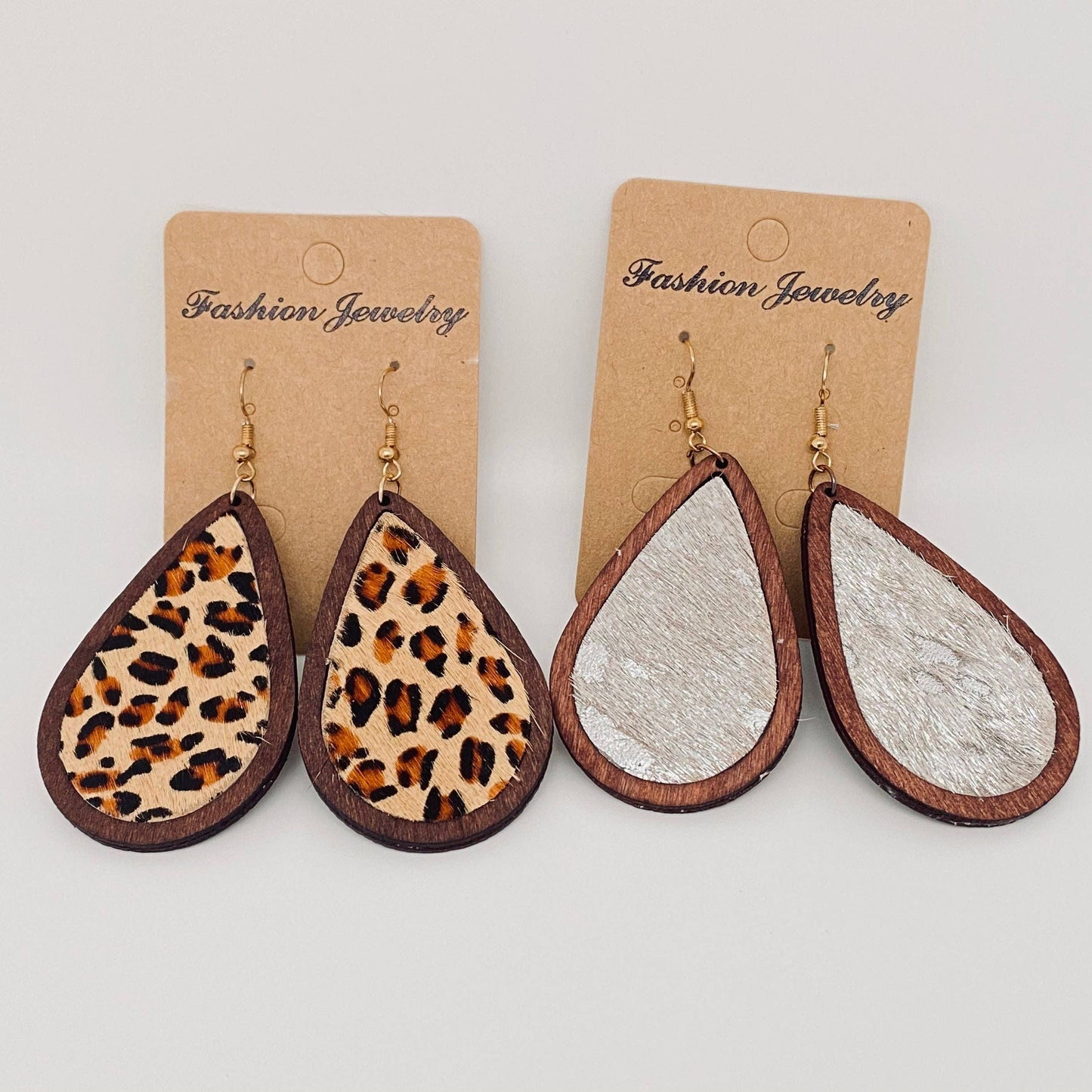 Leopard-print Horsehair Cowhide Wooden Drop Earrings - WJ: 2