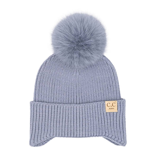 KIDS C.C Double Pom Beanie with Ear Flaps: NEW-Ice Blue