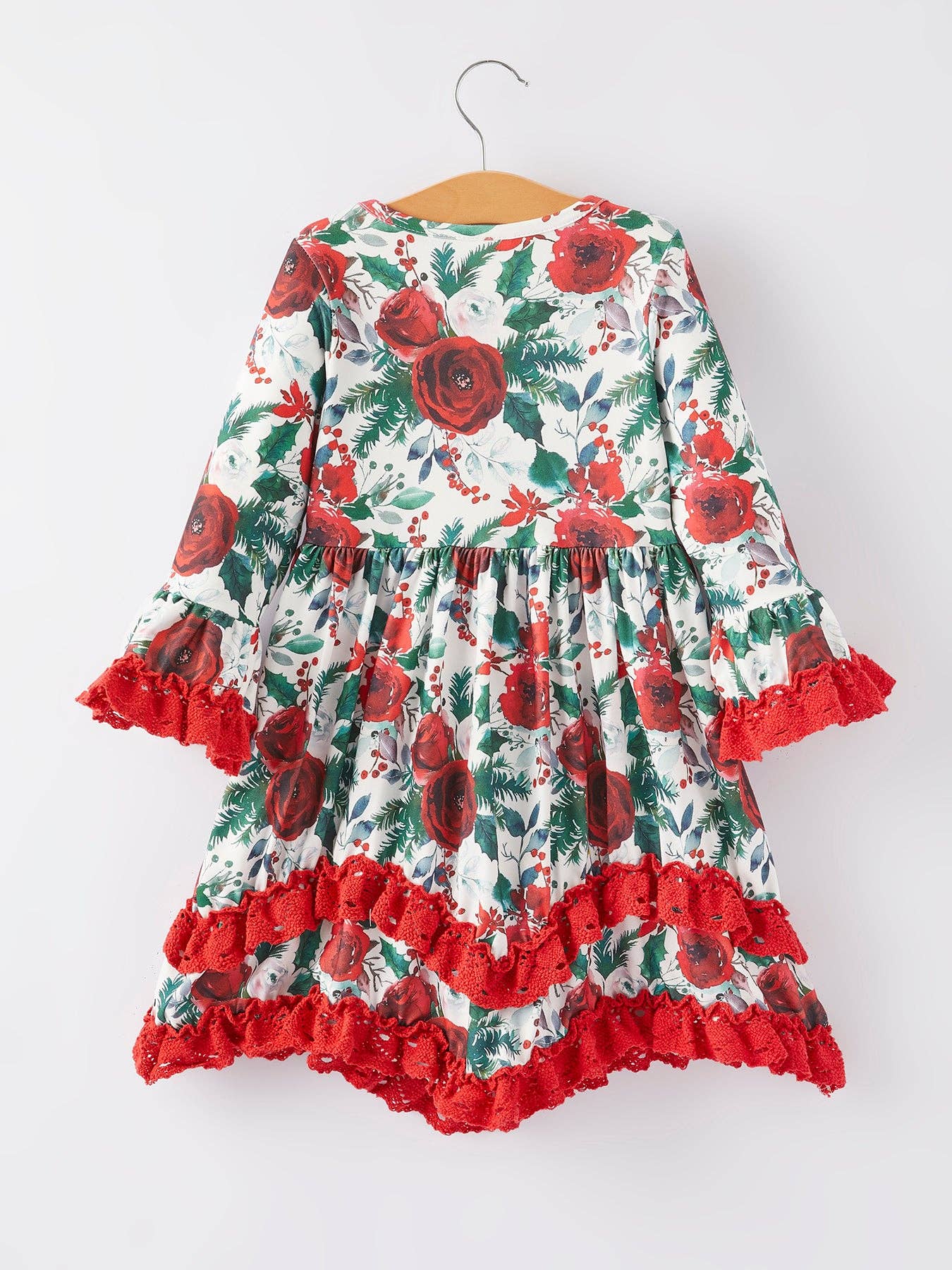 Girls Christmas Floral Print Long Sleeve Dress: 3