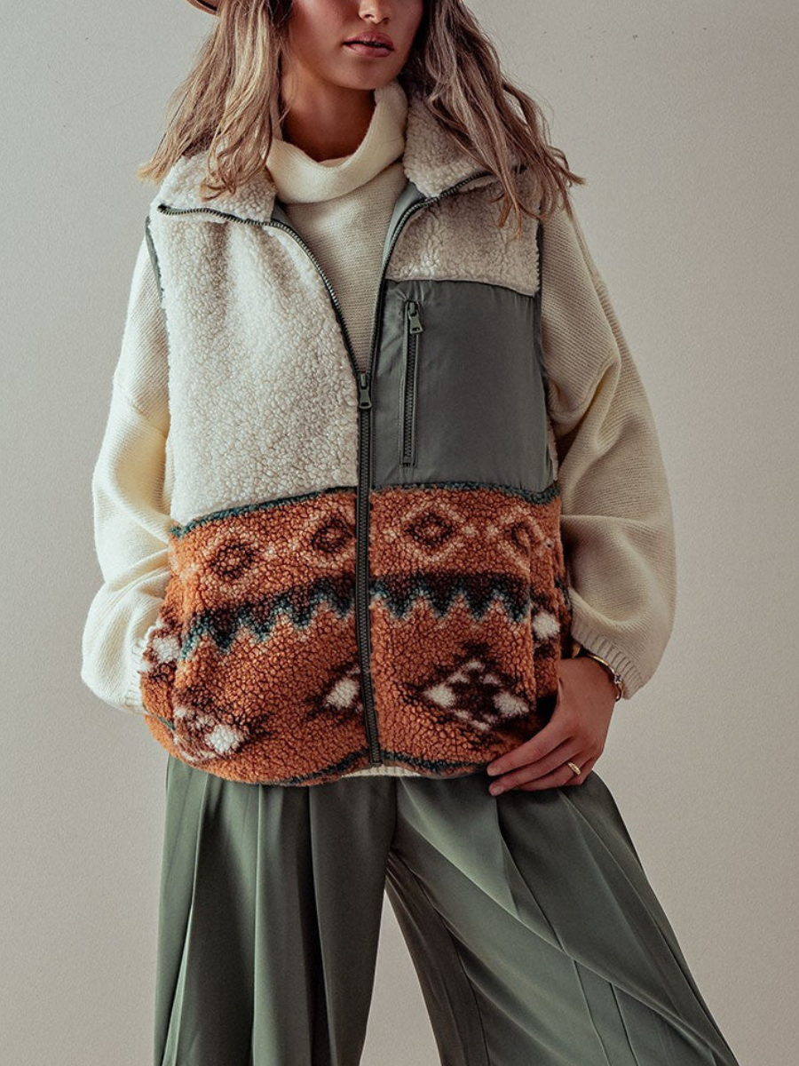 Aztec pattern Western Sherpa Fleece Zip up Vest: Olive / M