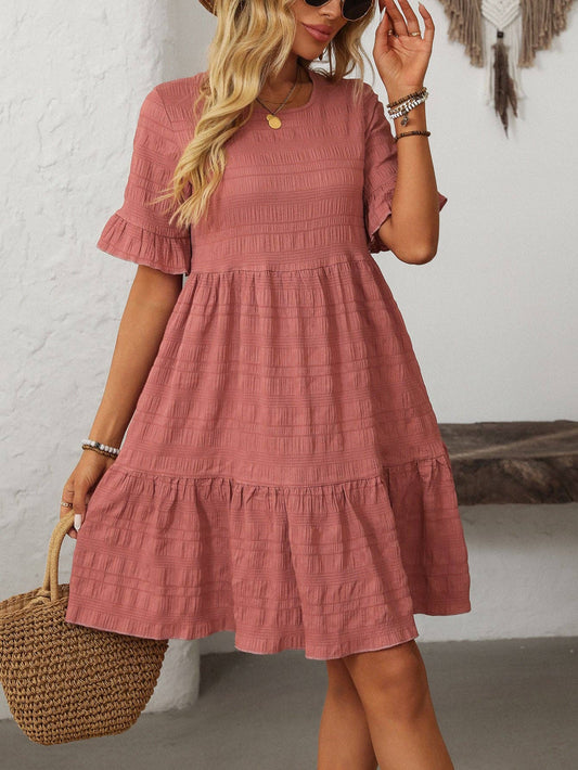 Women Ruffle Sleeve A Line Tiered Flowy Casual Trendy Mini Dress: Bean paste powder / 100% Polyester / L