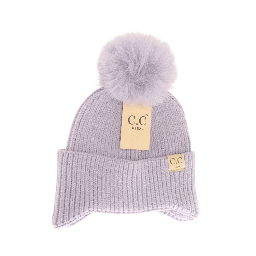 KIDS C.C Double Pom Beanie with Ear Flaps: NEW-Ice Blue