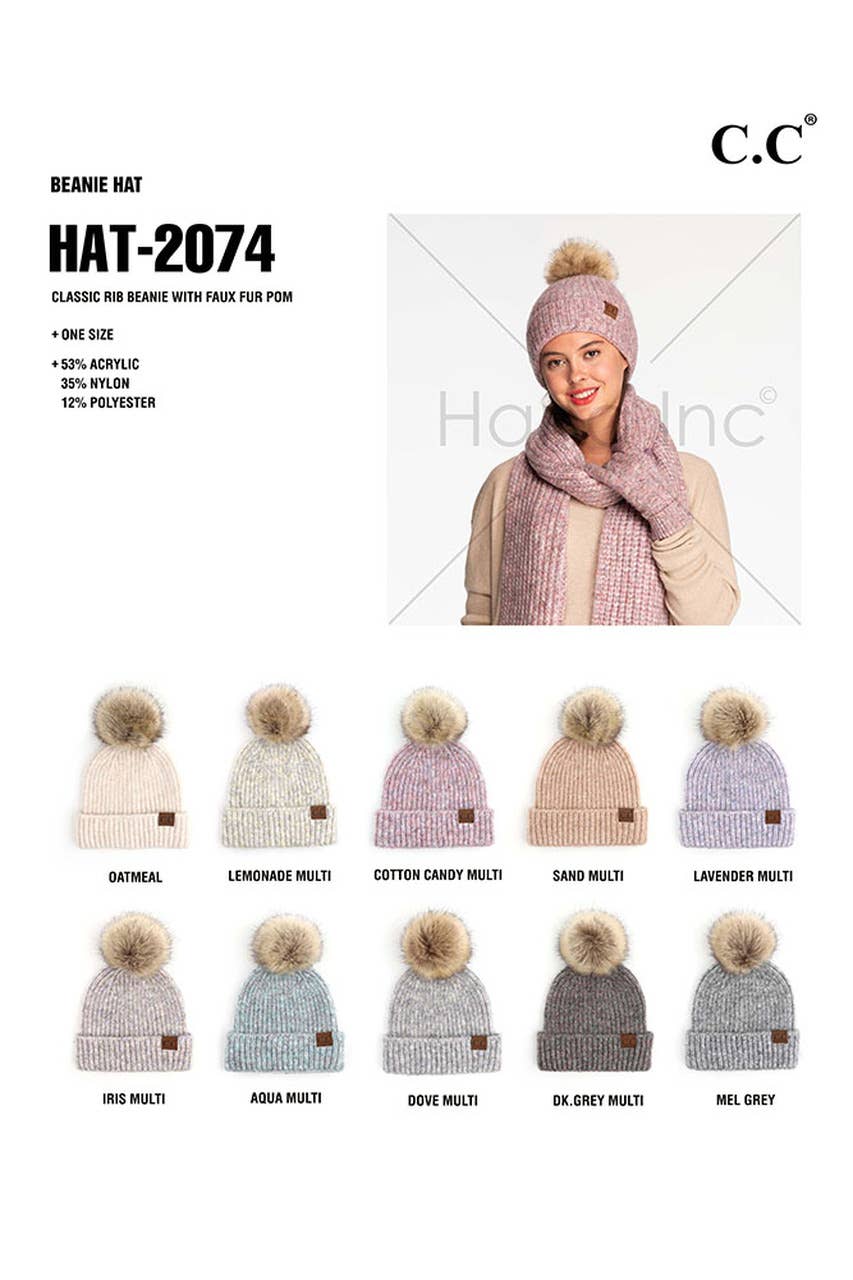 C.C Classic Rib Beanie with Faux Fur Pom Winter Hat: Aqua