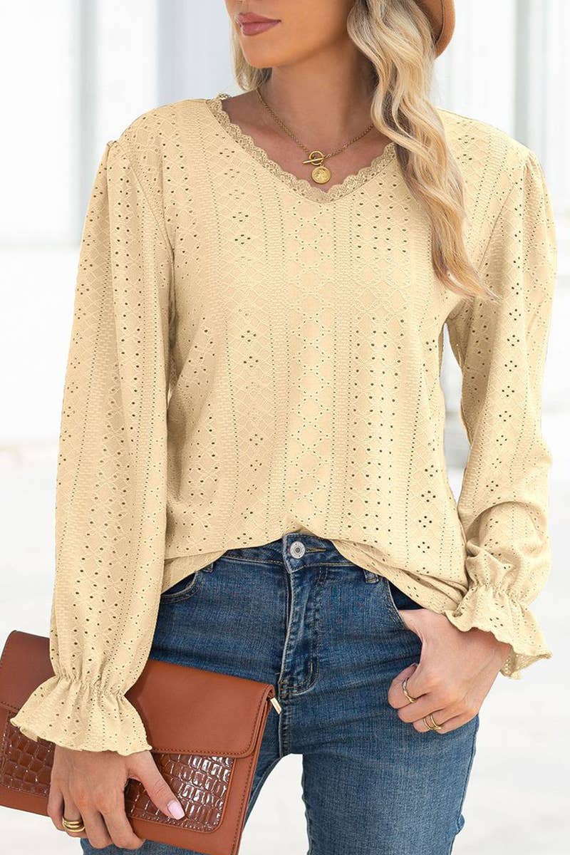 WOMEN LACE TRIM NECK EYELET LONG SLEEVE SHIRT TOP_CWTSTL0301: MAUVE / (L) 1