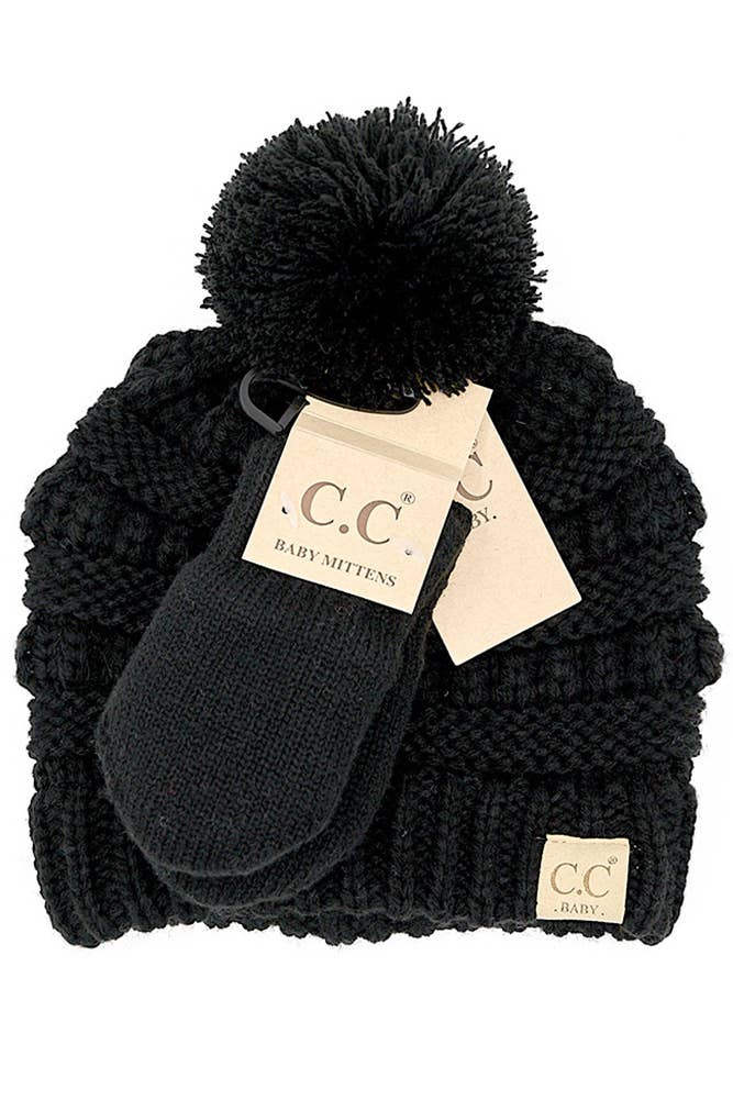 C.C Baby Solid Ribbed Pom Beanie and Mitten Glove: Indi Pink
