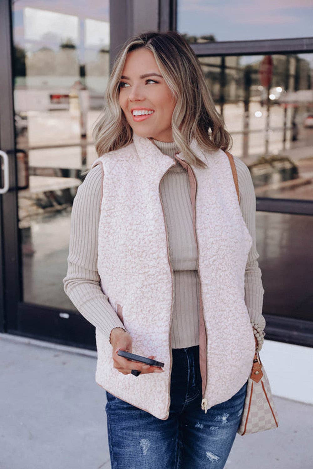Pink Fleece Lined Quilted Vest Coats: Pink / 100%Polyester / S