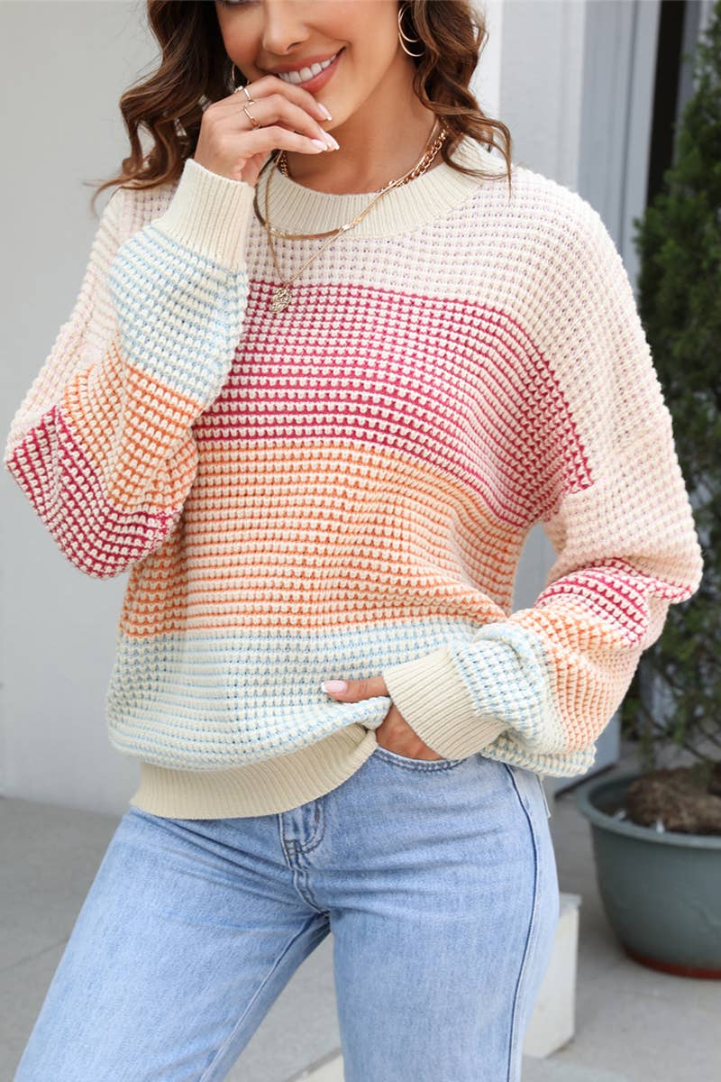 WOMEN WAFFLE KNITTED COLOR BLOCK OVERSIZED SWEATER_CWOSWL030: APRICOT / (L) 1