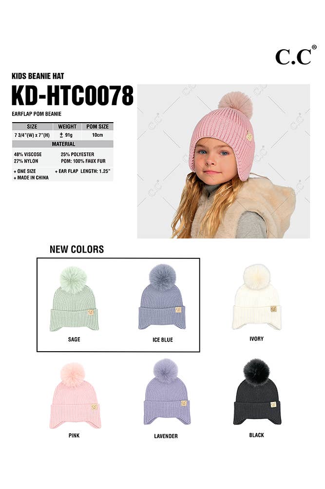 C.C Kids Ear Flap Pom Beanie: Lavender